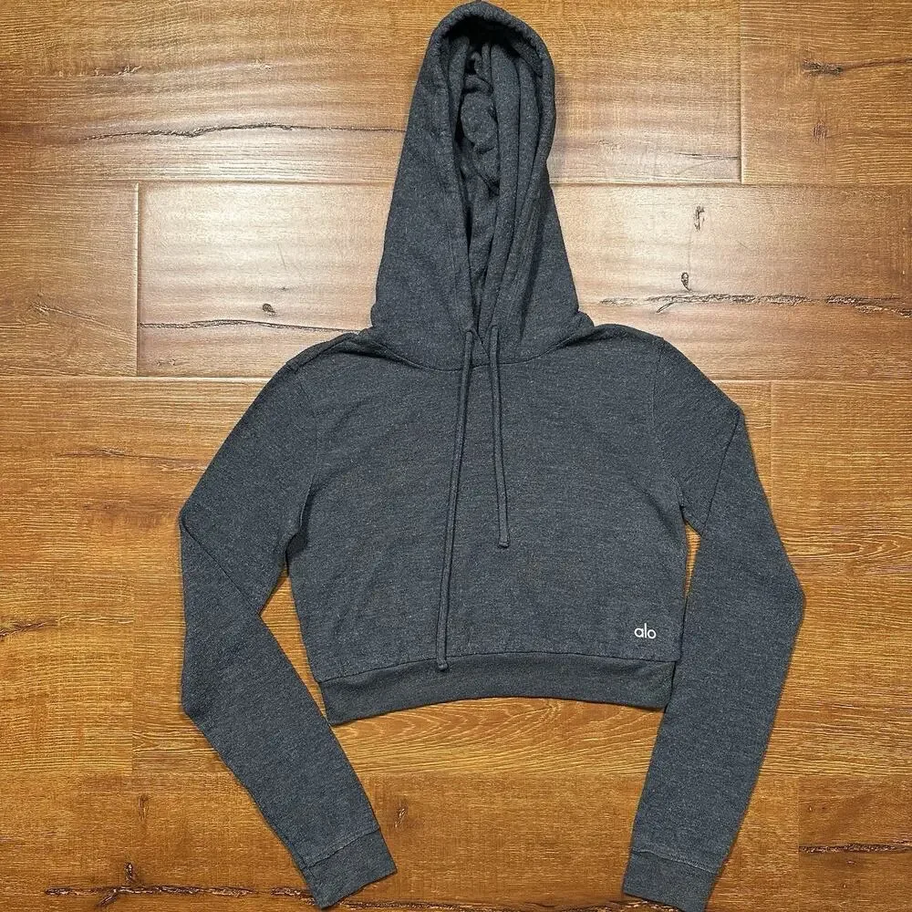 Alo Yoga Crop Hoodie Sweater Women S Gray Sweatshirt Athleisure Gym Running City